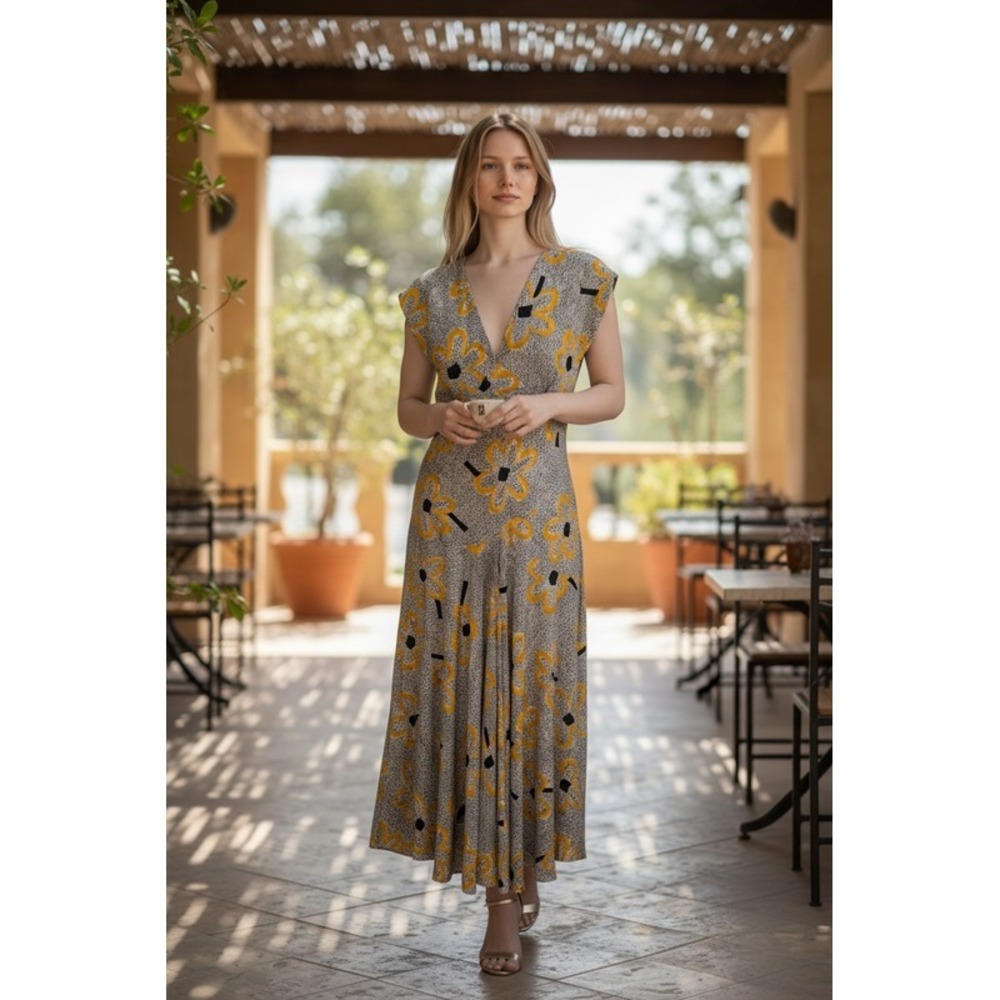 Vintage Cliche New York Paris Abstract Floral V-Neck Cap Sleeve Maxi Dress size